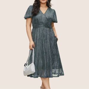 Glitter Mesh Surplice Neck Ruffle Sleeve Pocket Midi Dress - 14/16 (1X)